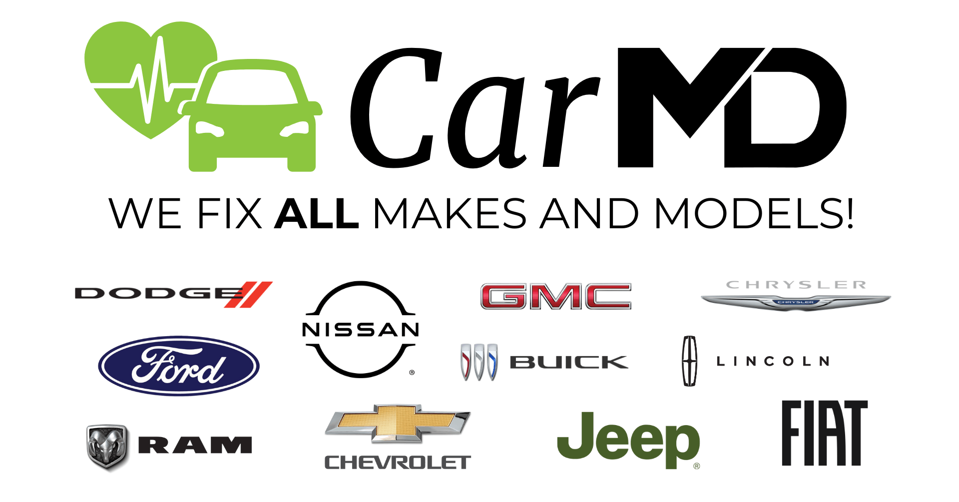 A banner image with the McLarty Daniel CarMD logo saying "We fix all makes and models." Additionally, there are logos for each manufacturer McLarty Daniel sells new: Buick, Chevrolet, Chrysler, Dodge, Fiat, Ford, GMC, Jeep, Lincoln, Nissan, and Ram. 
